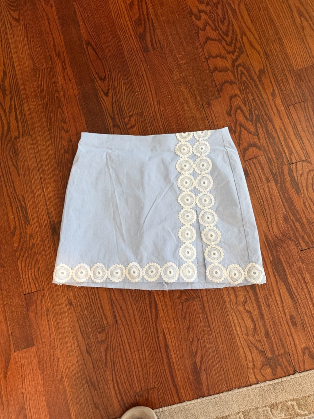 crown & ivy Light Blue Mini Skirt with Cream Lace Trim